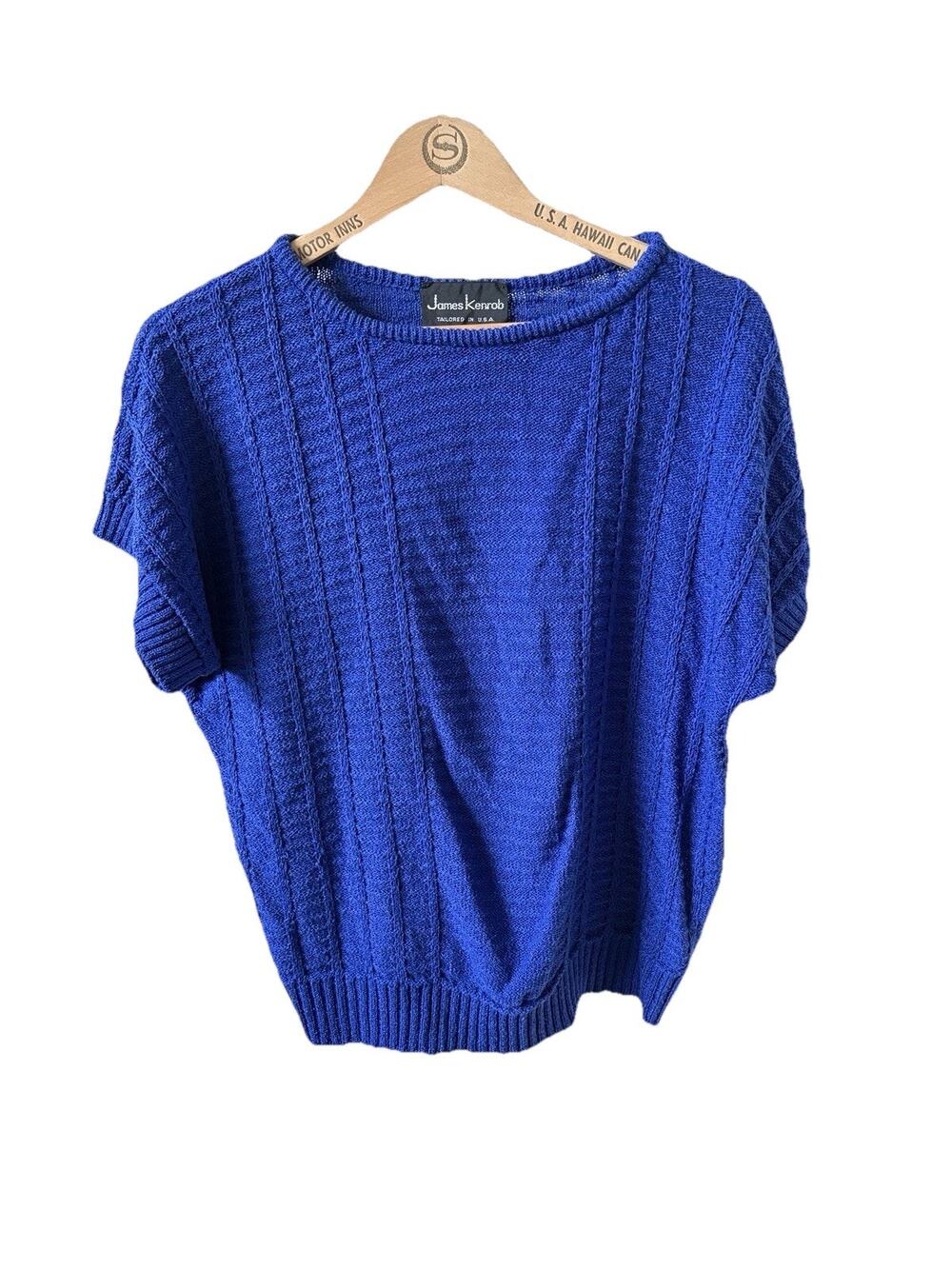 Vintage James Kenrob USA Cobalt Blue Short Sleeve Knit Sweater Dolman
